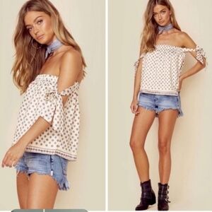 REVOLVE TULAROSA Perry Top Polka Dot Scarf Feature Cream Red Blue MedallionPrint